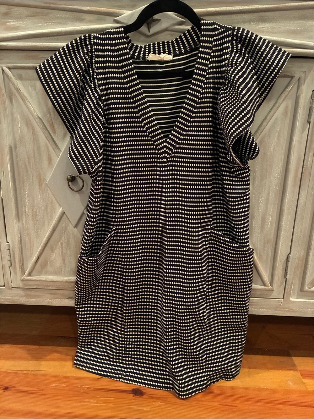 entro Black and White Striped V-Neck Pocket Dress